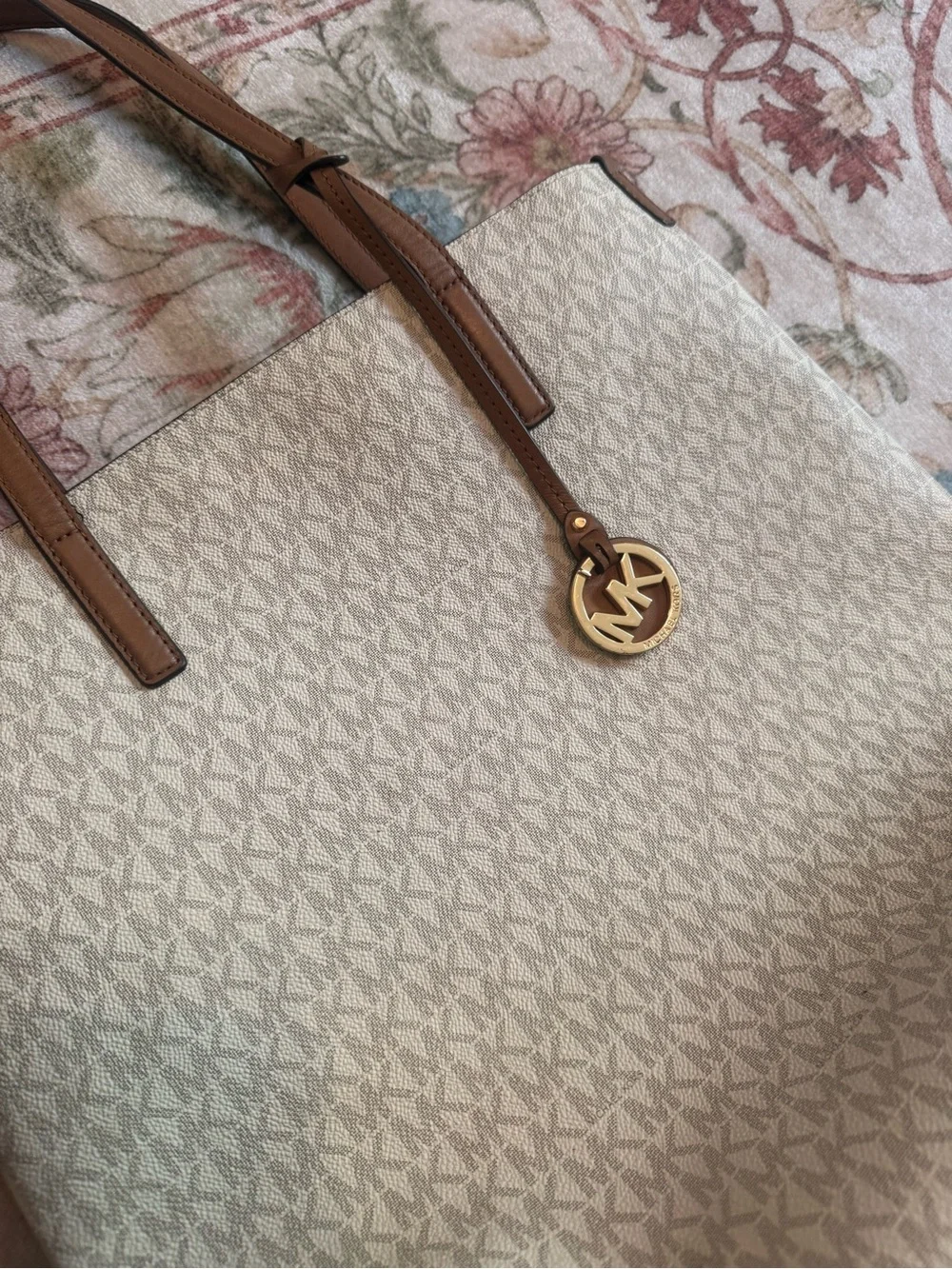 Michael Kors Beige Signature MK Logo Tote with Brown Leather Straps